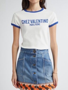 Valentino White Tee with Blue Graphic Logo and Trim
